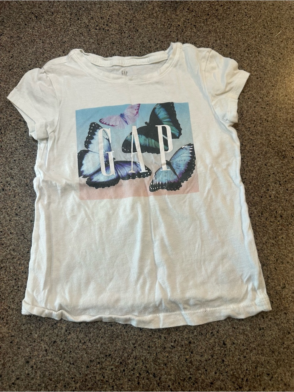 GAP White Tee with Blue & Purple Butterfly Graphic